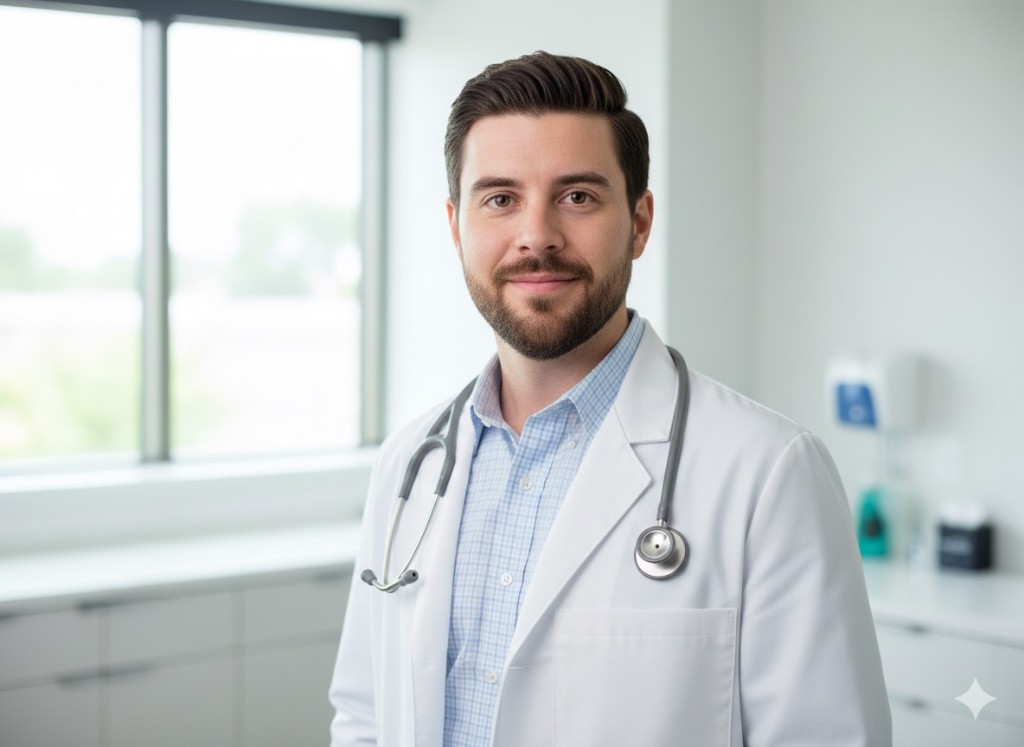 Portrait of a physician in a white coat with a stethoscope