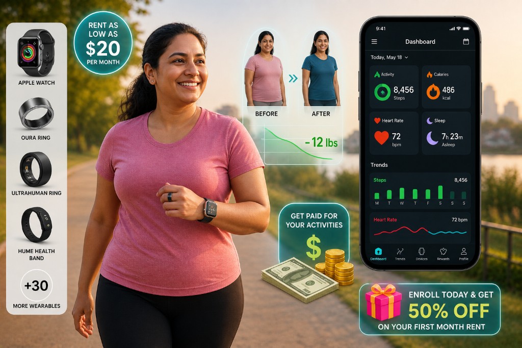 Rent wearables banner highlighting Apple Watch, Oura Ring, Ultrahuman Ring, and Hume Health Band rentals