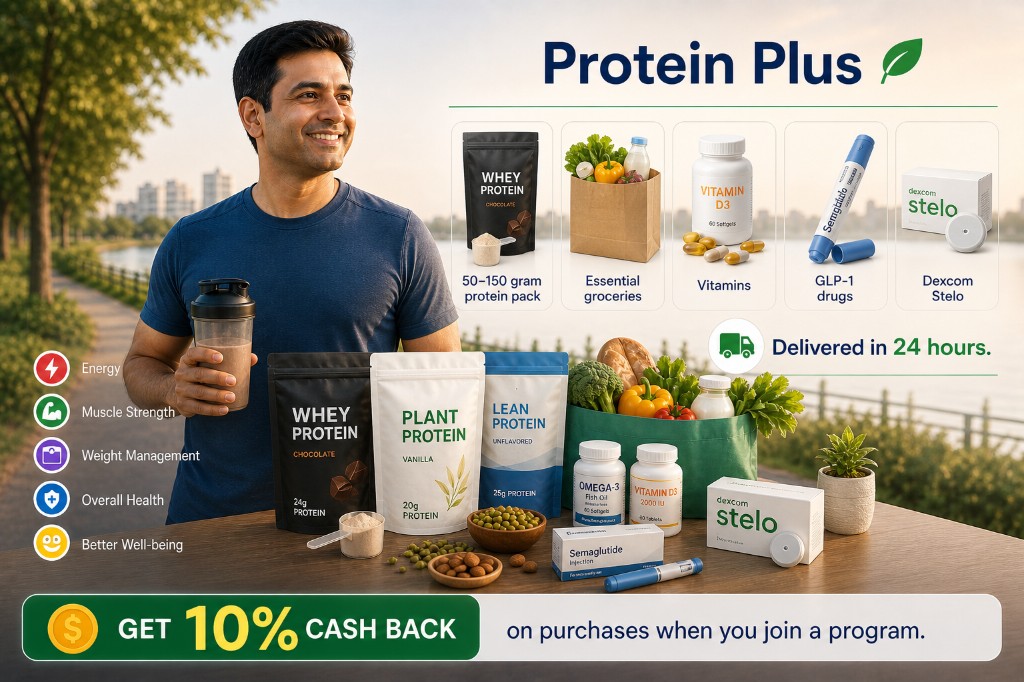 Protein Plus assortment showing protein packs, vitamins, GLP-1 drugs, and Dexcom Stelo with 10% cash back