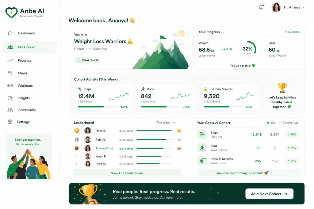 Anbe AI cohort dashboard showing group progress, leaderboard, and activity goals
