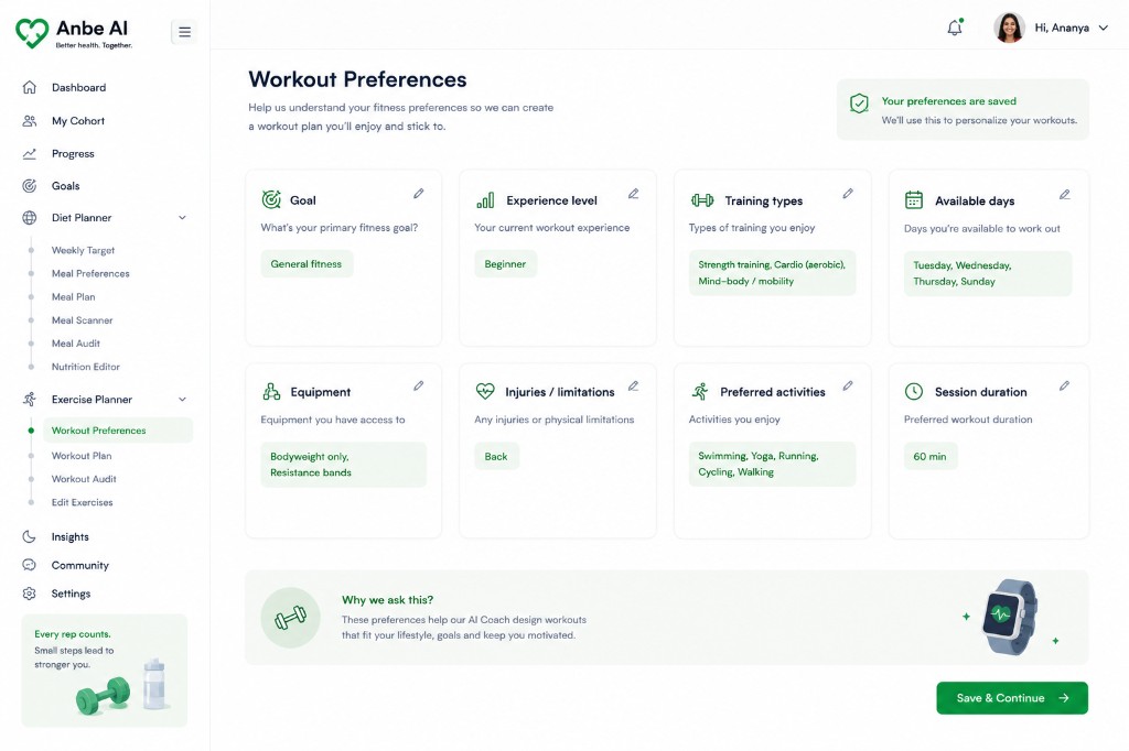 Workout preferences including goals, experience, equipment, and schedule